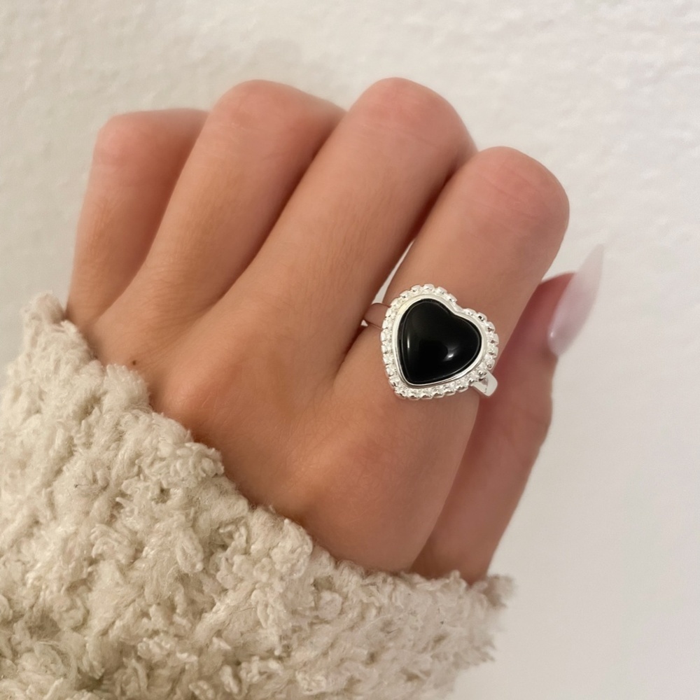 925 Sterling Silver Black Heart Ring Minimalist Heart Ring Black & Silver Ring